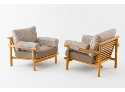 2er Set moderne Beigefarbene Stoffsessel aus Holz für Außenbereiche