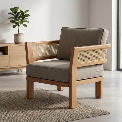 Moderner beiger Holz-Textil Sessel für Balkon und Terrasse