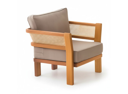 Moderner beiger Holz-Textil Sessel für Balkon und Terrasse
