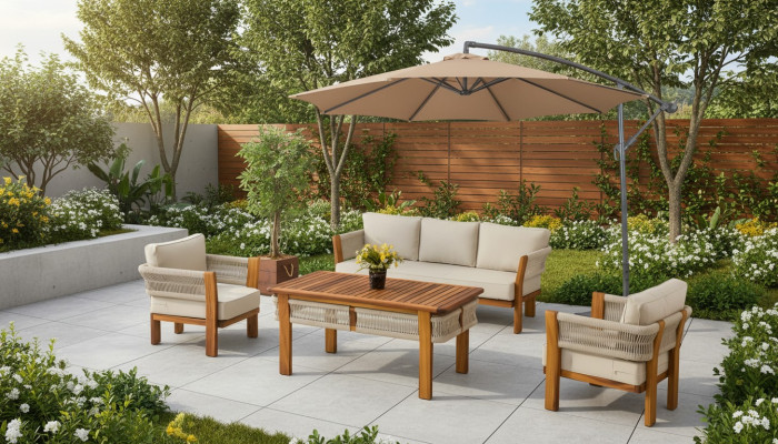 Gartenmöbel Set aus Holz und Textil in Beige, modernes Design