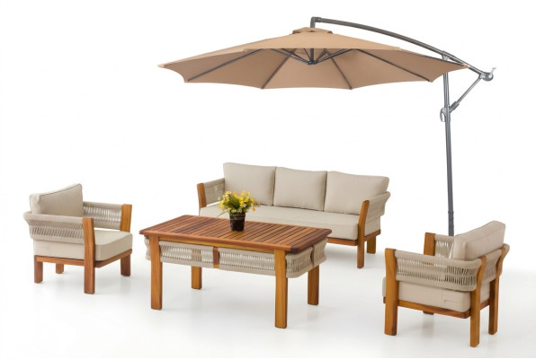 Gartenmöbel Set aus Holz und Textil in Beige, modernes Design