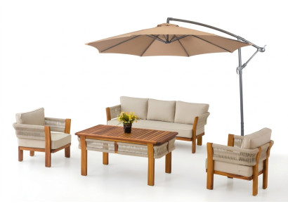 Gartenmöbel Set aus Holz und Textil in Beige, modernes Design