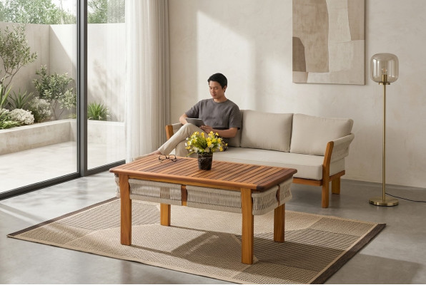 Gartenmöbel Set aus Holz und Textil in Beige modern