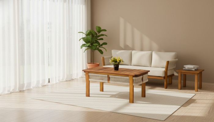 Gartenmöbel Set aus Holz und Textil in Beige modern