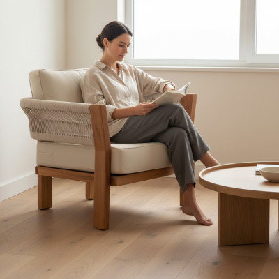 Moderner Beigen Stoffsessel aus Holz für Terrasse und Balkon