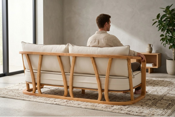 Elegantes beiges 3-Sitzer-Sofa aus Holz und Textil für Outdoor
