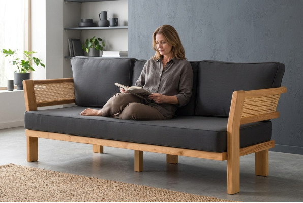 Modernes schwarzes Outdoor-Sofa aus Holz und Textil