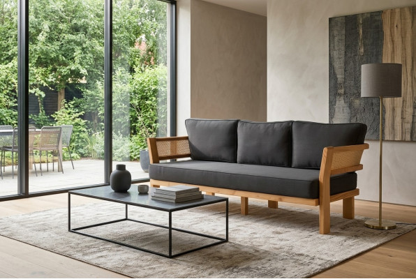 Modernes schwarzes Outdoor-Sofa aus Holz und Textil