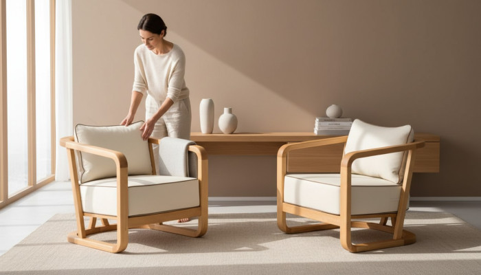 Moderne Beigefarbene Holz-Textil Sessel im eleganten Design