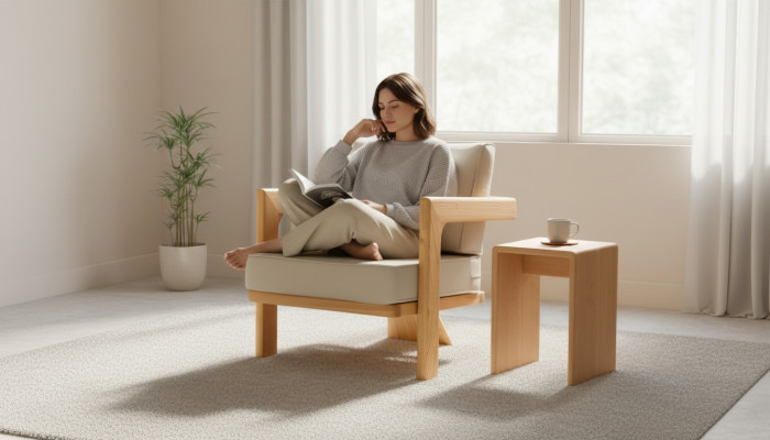 Moderner Beigefarbener Holz-Textil Sessel im stilvollen Design für