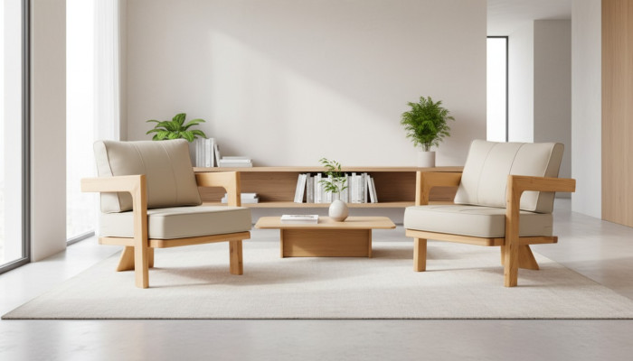 Moderner Beigefarbener Holz-Textil Sessel im stilvollen Design für