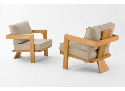Moderner Beigefarbener Holz-Textil Sessel im stilvollen Design für