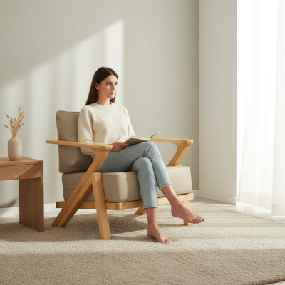 Moderner beiger Holz-Textil Sessel für Terrasse und Balkon