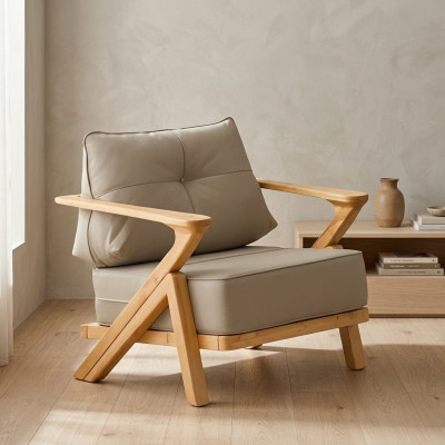 Moderner beiger Holz-Textil Sessel für Terrasse und Balkon