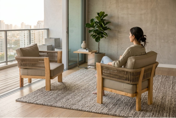 Beige Holz/Textil Sessel im modernen Design für Terrasse und Balkon