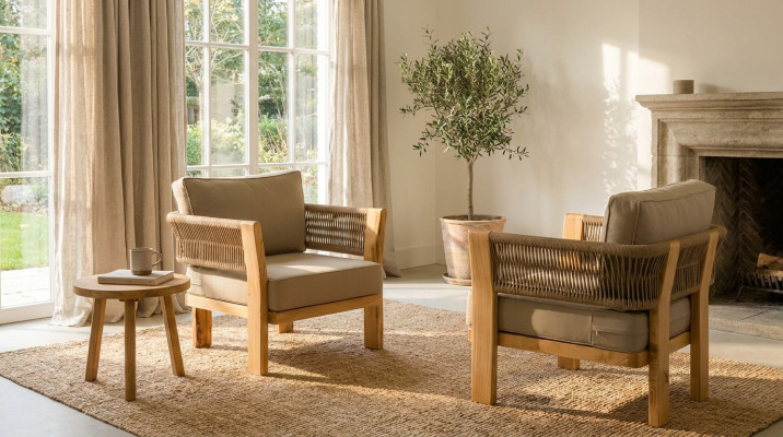 Beige Holz/Textil Sessel im modernen Design für Terrasse und Balkon