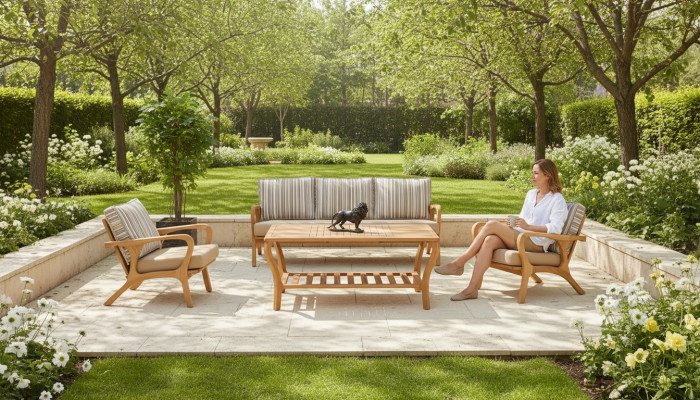 Gartenmöbel Set aus Holz und Textil in Beige modern
