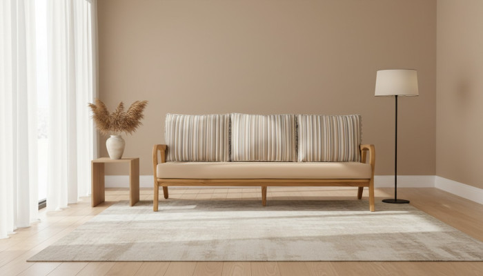Elegantes Beiges 3-Sitzer Sofa aus Holz und Textil