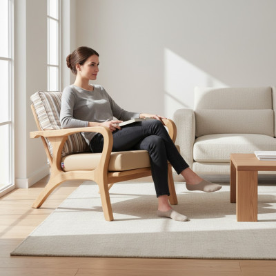 Beiger Stoff- und Holzsessel im modernen Design