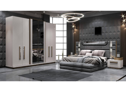 Modernes Schlafzimmer-Set mit Bett mit LED-Beleuchtung und 6-türigem Schrank