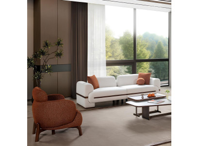 Stilvolles Wohnzimmer-Set 3+1-Sitzer weißes Sofa brauner Sessel Polstermöbel