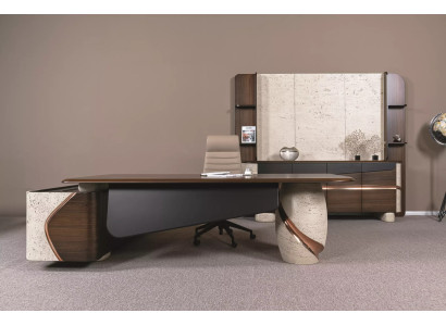 Braun-Beiger Arbeitszimmer-Set Luxuriöser Bürotisch Sideboard Sessel