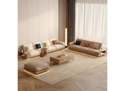 Braun-Beiges Wohnzimmer Set Luxuriöse Sofas Couchtisch Hocker 4tlg