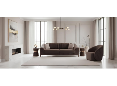 Braun 3-Sitzer Sofa und Sessel mit Holzrahmen und Rippendesign
