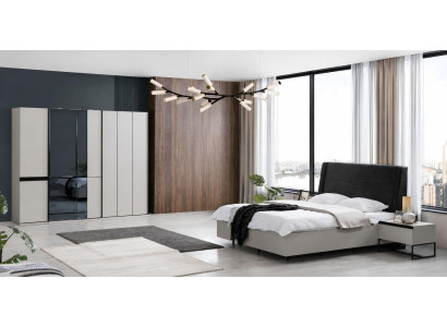 Schlafzimmer Set Grau Schwarz mit Bett Nachttisch und Kleiderschrank