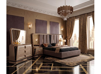 Bett Frisiertisch Schlafzimmer beige grau goldfarben Spiegel neu