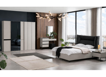 Schlafzimmer Set Grau Schwarz Hochglanz mit Bett und Schrank Lux