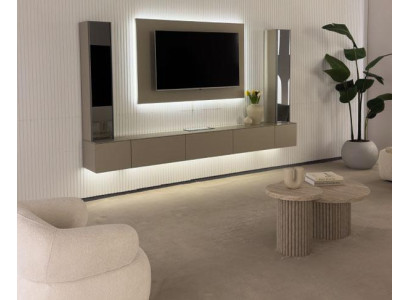 Grau-Beiges Wohnzimmer Set TV-Wand Edle Vitrinen Holz TV-Wohnwand