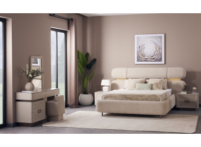 Modernes Bouclé Schlafzimmer Set Creme Luxus Polsterbett Komplett