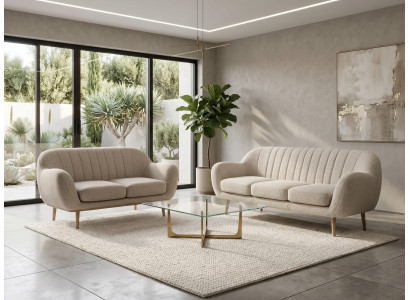 Stilvolles beiges Wohnzimmer-Set 3+2-Sitzer-Sofas Polster-Sofas mit Holzbeinen