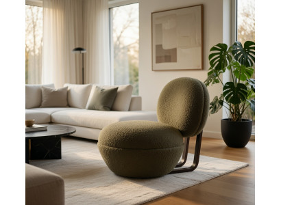 Designer Sessel Bouclé Grün Rundform Dunkles Gestell