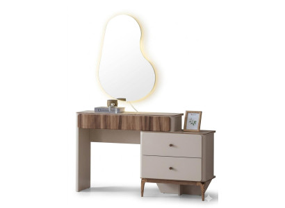 Moderner Skandi Schminktisch Holz-Rillen LED-Spiegel Schubladen Beige
