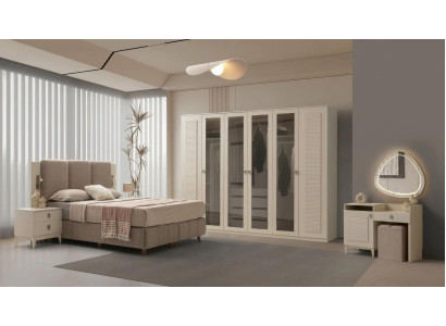 Schlafzimmer-Set Schrank Bett Kommode Spiegel 2x Nachttische Hocker