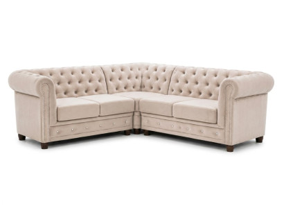 Beiges L-förmiges Ecksofa aus Stoff klassisches gestepptes Sofa Chesterfield