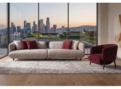 Polstersofa beigegrau mit Holzbeinen und Sessel in Rot Couch Möbel Polster