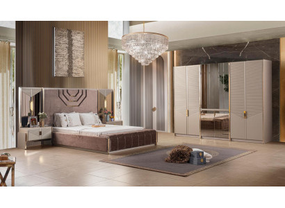 Schlafzimmer Set Bett 2x Nachttische Kleiderschrank Beige Moderner Stil