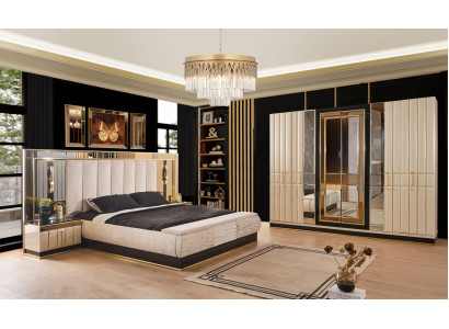 Schlafzimmer Set Bett 2x Nachttische Kleiderschrank Beige Moderner Stil