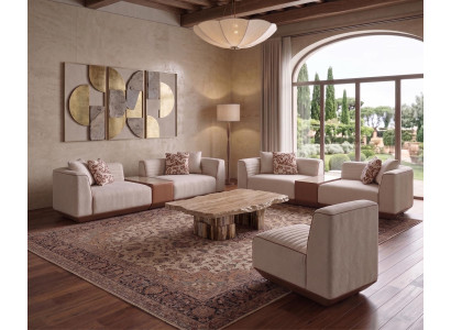 Möbel Set Beige zwei Dreisitzer Sofa mit integriertem Tisch und Sessel