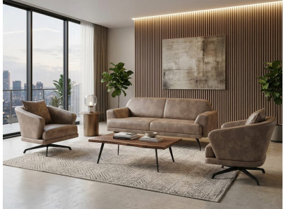 Couchgarnitur Leder Beige Modern Drehfunktion Minimalismus