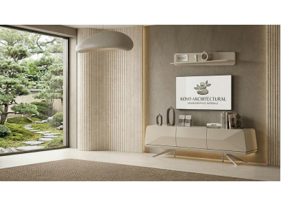 TV Board Wandregal Stil modern beige Wohnzimmer bequem praktisch geräumig