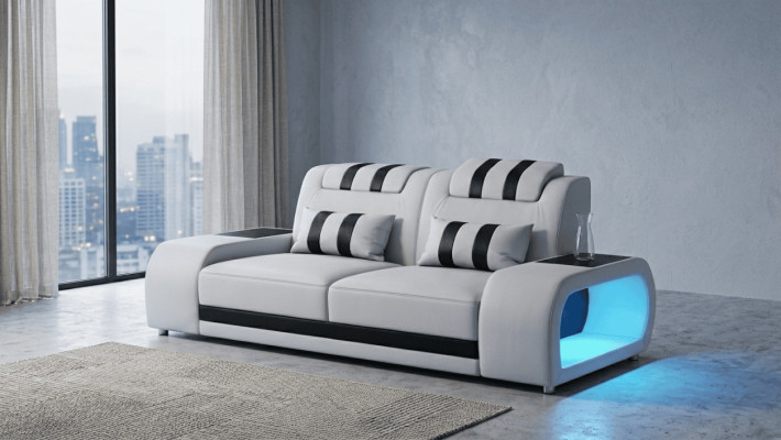 2-Sitzer Ledersofa Modern Weiß Schwarz Elegant LED Ablage Komfort *