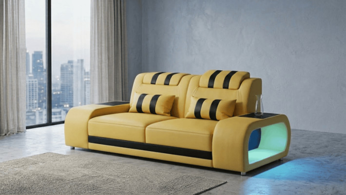 2-Sitzer Ledersofa Modern Weiß Schwarz Elegant LED Ablage Komfort *