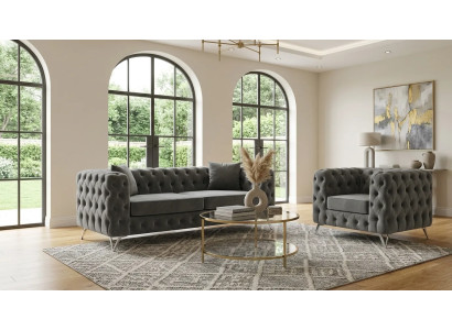 Elegante Graue Chesterfield Garnitur Stoffsofa Exklusiver Sessel