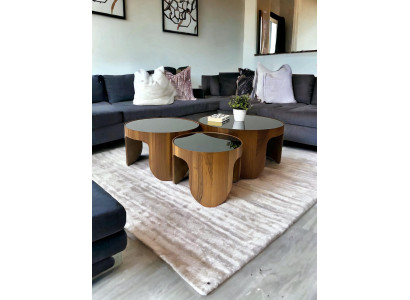 Beistelltisch Set 3er Walnuss Optik Glas Modern Wohnzimmer
