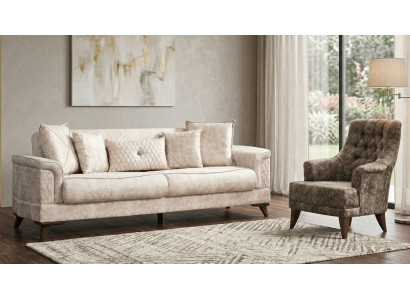 Sofa Set 1x 3-Sitzer Sofa 1x Sessel Beigе Grau Moderner Stil Luxuriöse