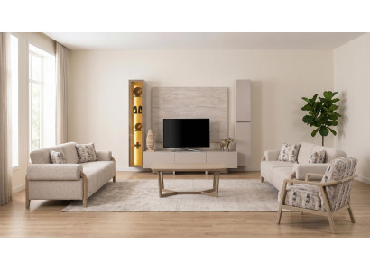 Edles TV Wohnwand Set Couchtisch Sofa Sessel 3+3+1 Beige Luxus